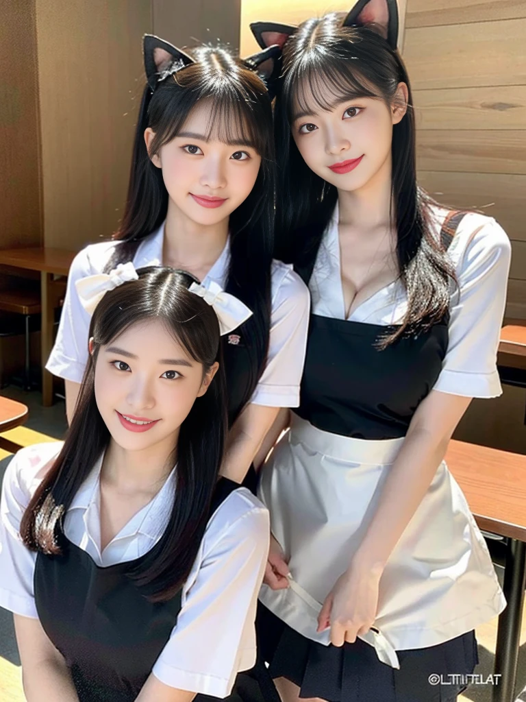 (Super cute Korean high school girl waitress duo look into the camera:1.2)(grin,Smile)(Beautiful Sweat:1.1)(16K, RAW Photos, Highest quality, masterpiece: 1.2),(Cat ears made with beautiful black hair) Super detailed, Super Resolution, (Genuine, Genuine photos: 1.37), Portraiture, High-resolution RAW color photos, Professional photos, Very detailed, 8k wallpaper, Very detailed CG Unity 8k wallpaper, Very detailed beautiful girls, Very detailed faces, ((whole body)), beautiful woman, Huge breasts,(huge boobs:1.1) (Big Boobs:1.1), Beauty college student (Naked Apron:1.1),high school girl, Korean Girls,(K-POP Female Idols), (Idol-class beauty)(Beautiful high school girl:1.1)(Nice restaurant)(18-year-old)(Waitress costumes:1.1)(Group photo:1.1)(:1.0)(NSFW:1.2)