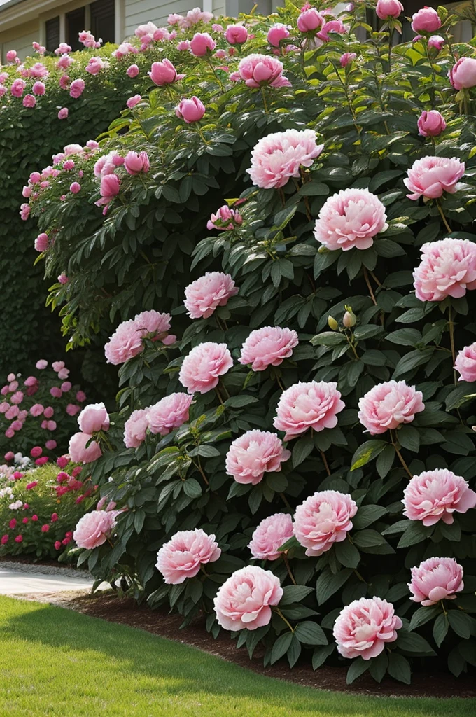 Draw a peony rose , which grows in the flowerbed in front of the house
