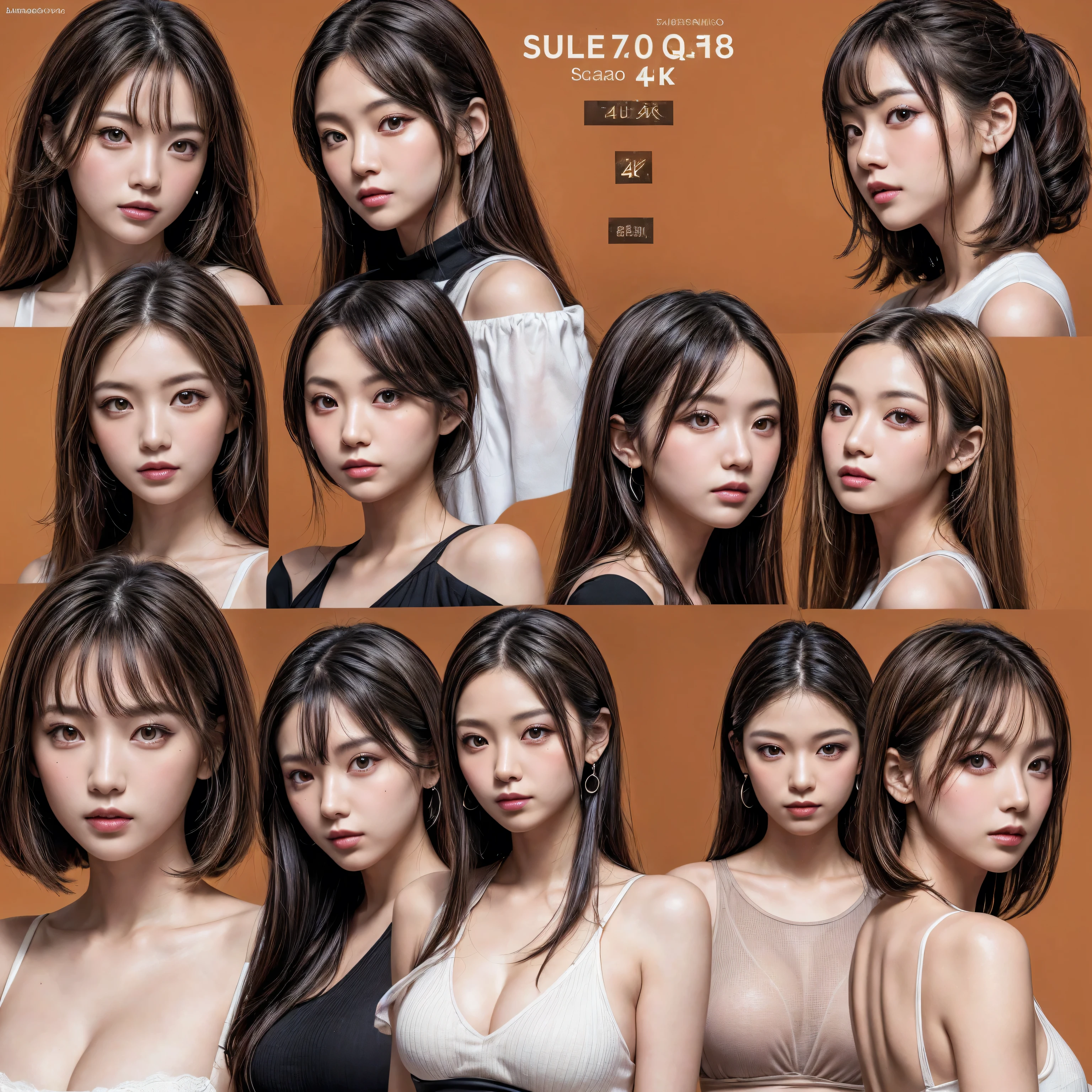 (best quality,4k,8k,highres,masterpiece:1.2),ultra-detailed), (simple background, (warm color background)), random color and hairstyle, 9 girls, character sheet, close-up, milf, Proportions are based on a 7.0 head scale.