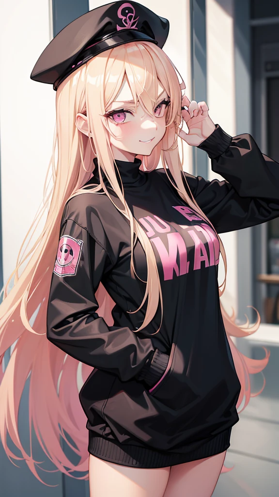 (((Adult woman))), long blonde hair, (Pink eyes), hiphop black clothes, black cap, smirk