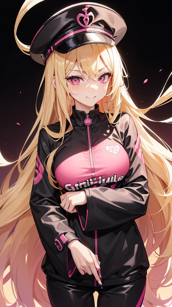 (((Adult woman))), long blonde hair, (Pink eyes), hiphop black clothes, black cap, smirk