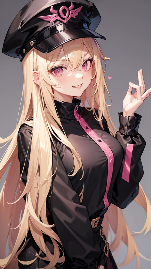 (((Adult woman))), long blonde hair, (Pink eyes), hiphop black clothes, black cap, smirk