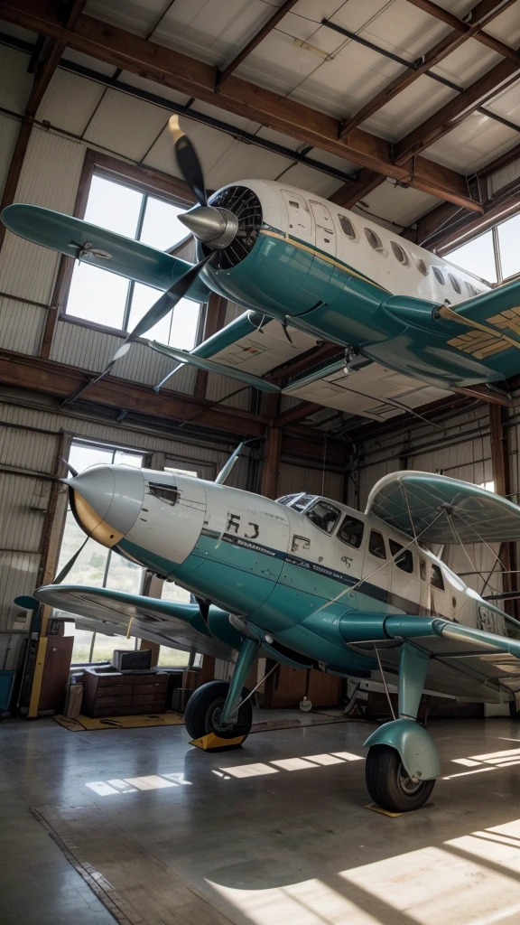 Create a library with the history of aviation from a disused plane, with shelves and furniture being used with the aircraft parts themselves, and may the propeller at the nose of the plane be a beautiful luminary