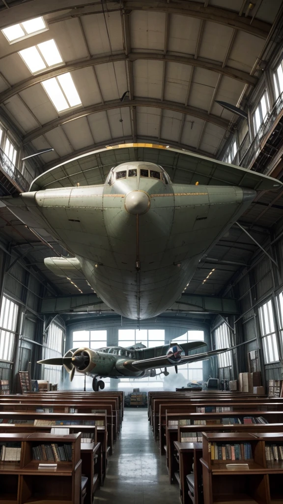 Create a library with the history of aviation from a disused plane, with shelves and furniture being used with the aircraft parts themselves, and may the propeller at the nose of the plane be a beautiful luminary
