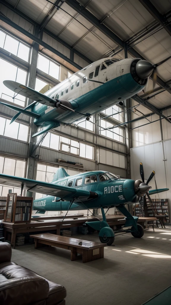 Create a library with the history of aviation from a disused plane, with shelves and furniture being used with the aircraft parts themselves, and may the propeller at the nose of the plane be a beautiful luminary