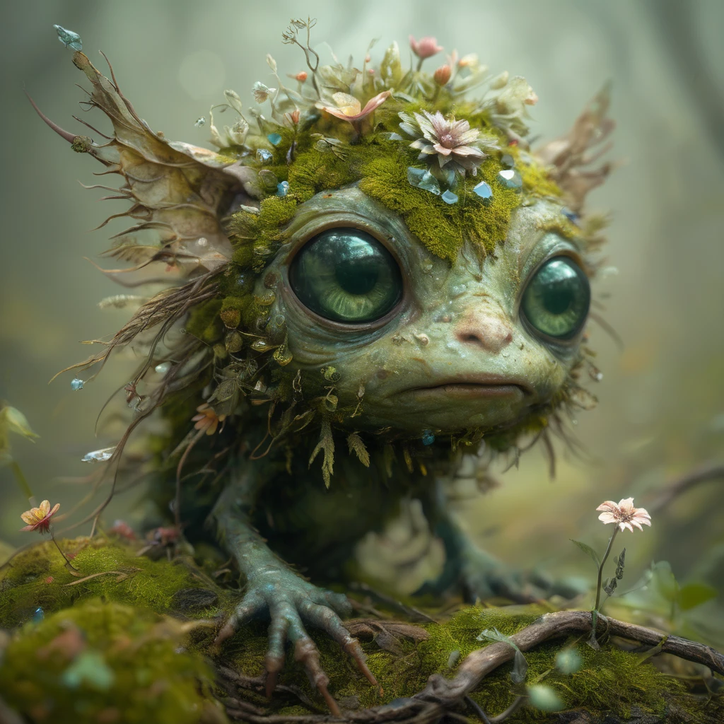 forest creature looking for a mate,cute monster made of moss,twigs,flowers,gems,crystals,lights,wind,energy,hope,super high resolution,glossy,photo-realistic,3D,fairy pictures captured on camera in National Geographic biome,princesses and wise men,silly,