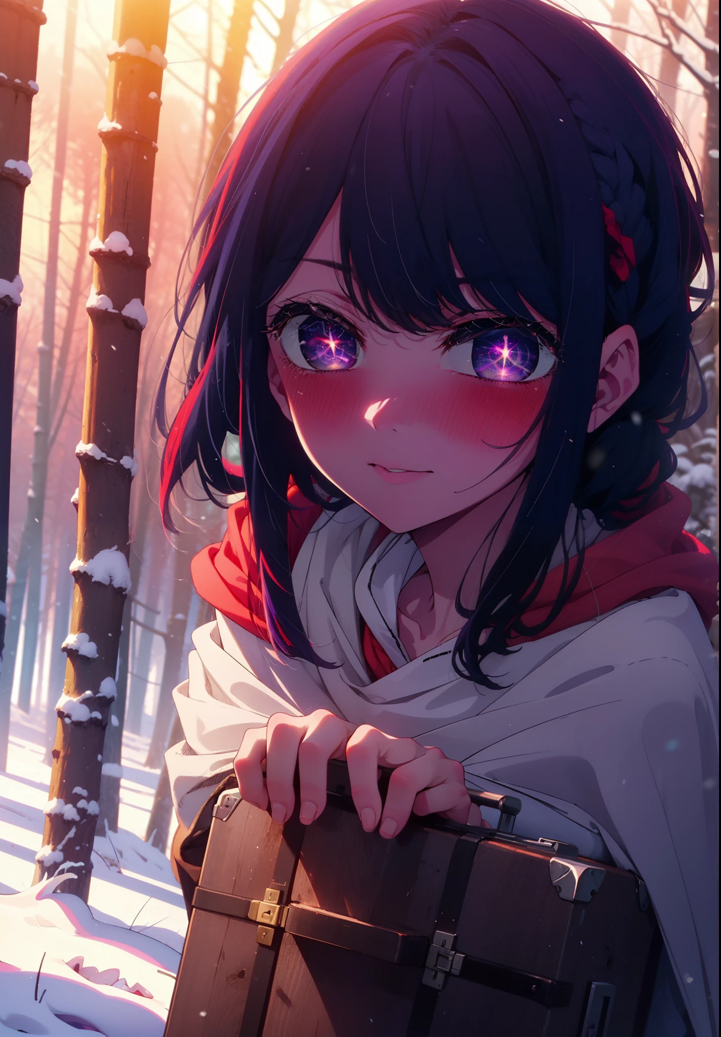 aihoshino, Ai Hoshino, Long Hair, bangs, (Purple eyes:1.1), Purple Hair, (Symbol-shaped pupil:1.5), smile,,smile,blush,white breath,
Open your mouth,snow,Ground bonfire, Outdoor, boots, snowing, From the side, wood, suitcase, Cape, Blurred, , forest, White handbag, nature, Squat, Mouth closed, Cape, winter, Written boundary depth, Black shoes, red Cape break looking at viewer, Upper Body, whole body, break Outdoor, forest, nature, break (masterpiece:1.2), Highest quality, High resolution, unity 8k wallpaper, (shape:0.8), (Beautiful and beautiful eyes:1.6), Highly detailed face, Perfect lighting, Extremely detailed CG, (Perfect hands, Perfect Anatomy),