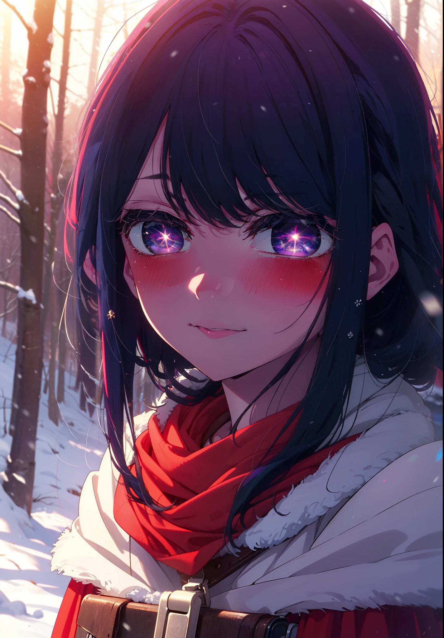 aihoshino, Ai Hoshino, Long Hair, bangs, (Purple eyes:1.1), Purple Hair, (Symbol-shaped pupil:1.5), smile,,smile,blush,white breath,
Open your mouth,snow,Ground bonfire, Outdoor, boots, snowing, From the side, wood, suitcase, Cape, Blurred, , forest, White handbag, nature, Squat, Mouth closed, Cape, winter, Written boundary depth, Black shoes, red Cape break looking at viewer, Upper Body, whole body, break Outdoor, forest, nature, break (masterpiece:1.2), Highest quality, High resolution, unity 8k wallpaper, (shape:0.8), (Beautiful and beautiful eyes:1.6), Highly detailed face, Perfect lighting, Extremely detailed CG, (Perfect hands, Perfect Anatomy),