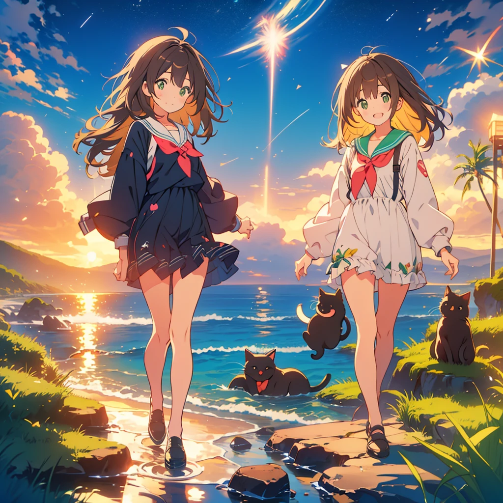 kawaii, anime, Cute, hyper quality, highly detailed, 8k, Front facing, Clarity, brown long hair, green eyes, smile, whole body, walk along the coast, one black cat, starry skies, night, moonlight, shooting star, Starlight, spread your hands, smiling, close your eyes and laugh, open your mouth and laugh, Crescent Moon, whole body, walking pose, seaside, coastline, Comet, hair fluttering, spread both hands, walk, ripples, firework, hold both hands, 	