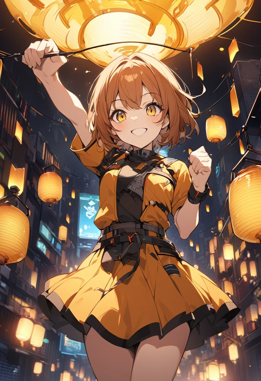 Girl in cyberpunk outfit、1 person、Orange brown hair、Yellow Eyes、short hair、Glosischievous smile、Lively expressions、beautiful、Honey Core、Background with scattered lanterns、Bold Pose、action