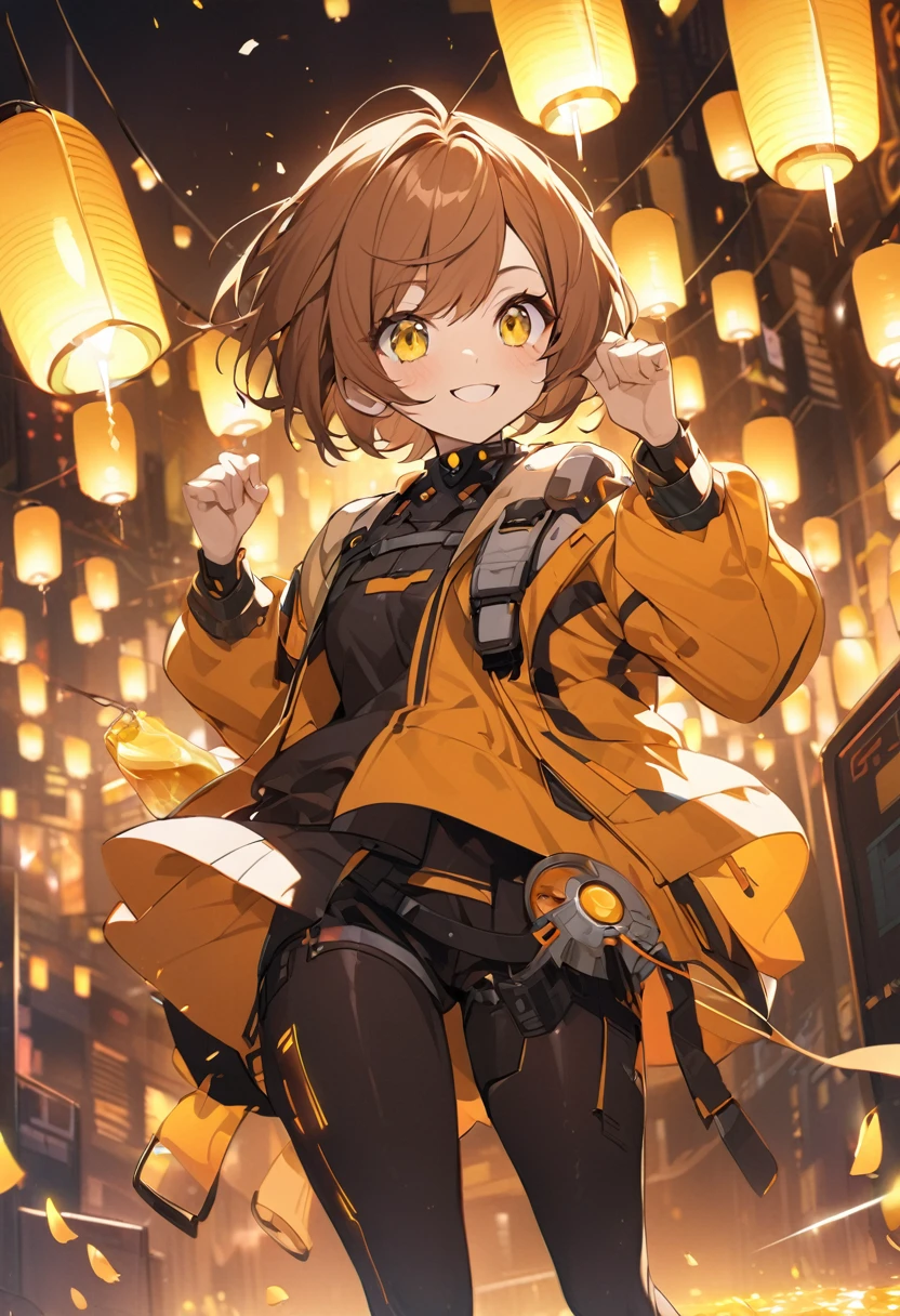 Girl in cyberpunk outfit、1 person、Orange brown hair、Yellow Eyes、short hair、Glosischievous smile、Lively expressions、beautiful、Honey Core、Background with scattered lanterns、Bold Pose、action