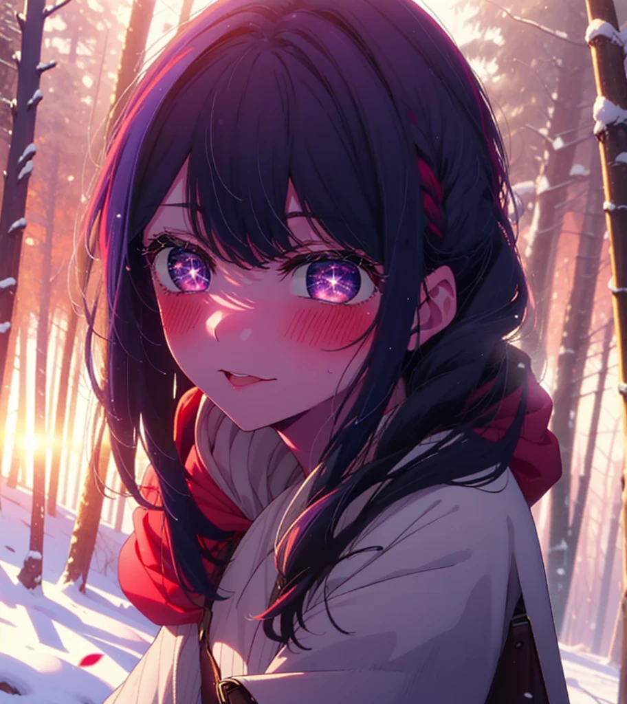 aihoshino, Ai Hoshino, Long Hair, bangs, (Purple eyes:1.1), Purple Hair, (Symbol-shaped pupil:1.5), smile,,smile,blush,white breath,
Open your mouth,snow,Ground bonfire, Outdoor, boots, snowing, From the side, wood, suitcase, Cape, Blurred, , forest, White handbag, nature,  Squat, Mouth closed, Cape, winter, Written boundary depth, Black shoes, red Cape break looking at viewer, Upper Body, whole body, break Outdoor, forest, nature, break (masterpiece:1.2), Highest quality, High resolution, unity 8k wallpaper, (shape:0.8), (Beautiful and beautiful eyes:1.6), Highly detailed face, Perfect lighting, Extremely detailed CG, (Perfect hands, Perfect ???????),