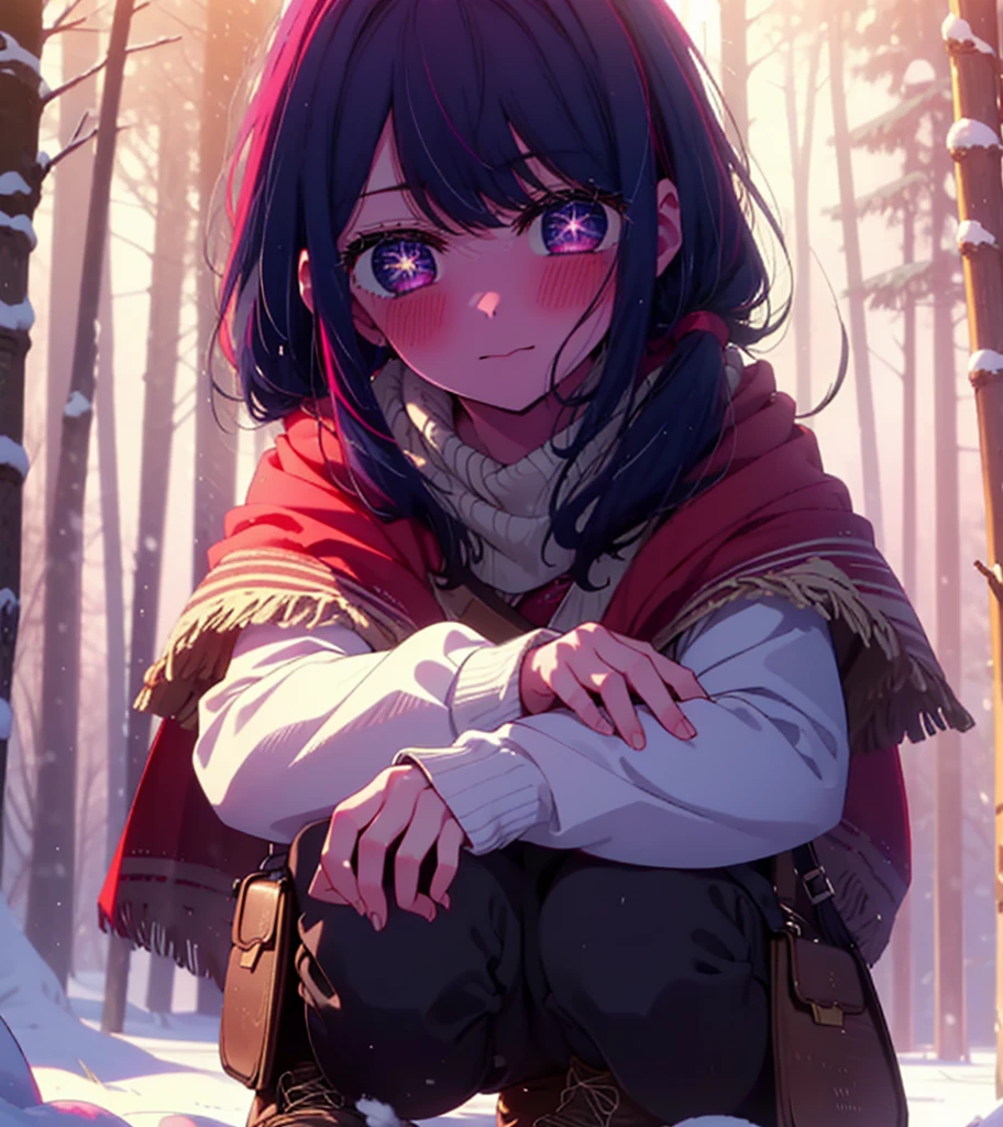 aihoshino, Ai Hoshino, Long Hair, bangs, (Purple eyes:1.1), Purple Hair, (Symbol-shaped pupil:1.5), smile,,smile,blush,white breath,
Open your mouth,snow,Ground bonfire, Outdoor, boots, snowing, From the side, wood, suitcase, Cape, Blurred, , forest, White handbag, nature,  Squat, Mouth closed, Cape, winter, Written boundary depth, Black shoes, red Cape break looking at viewer, Upper Body, whole body, break Outdoor, forest, nature, break (masterpiece:1.2), Highest quality, High resolution, unity 8k wallpaper, (shape:0.8), (Beautiful and beautiful eyes:1.6), Highly detailed face, Perfect lighting, Extremely detailed CG, (Perfect hands, Perfect Anatomy),