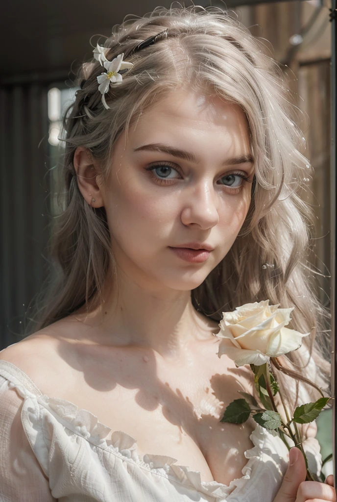 (((ultra realistic))) Photo, masterpiece, top quality, pale skin, (Ultra detailed face and eyes:1.2), 1 girl, full white hair, gloomy atmosphere, flowers garden background, (Eye makeup, mascara) , ((full white wavy hair)) , ((Stylish hairstyle)) , {Gigantic|Big|Huge|Mega} breasts, silly huge breasts, [[Slim waist, slender body]] . ((Posing)) , (body curves), In Lifchik, photoshoot, studio (Contour lighting), (The play of light and shadows), depth of field, bokeh, (special attention to skin detail: 1.2), Detailed transparent texture, skin pores, ((Dark and gloomy atmosphere frame. color scheme - black, Gray, Ashen, Tons)), (Film grain, VHS effect), (shine) , ((rays)) , ((portrait, close to the camera)) , ultra detailed, she held a white rose in her hand