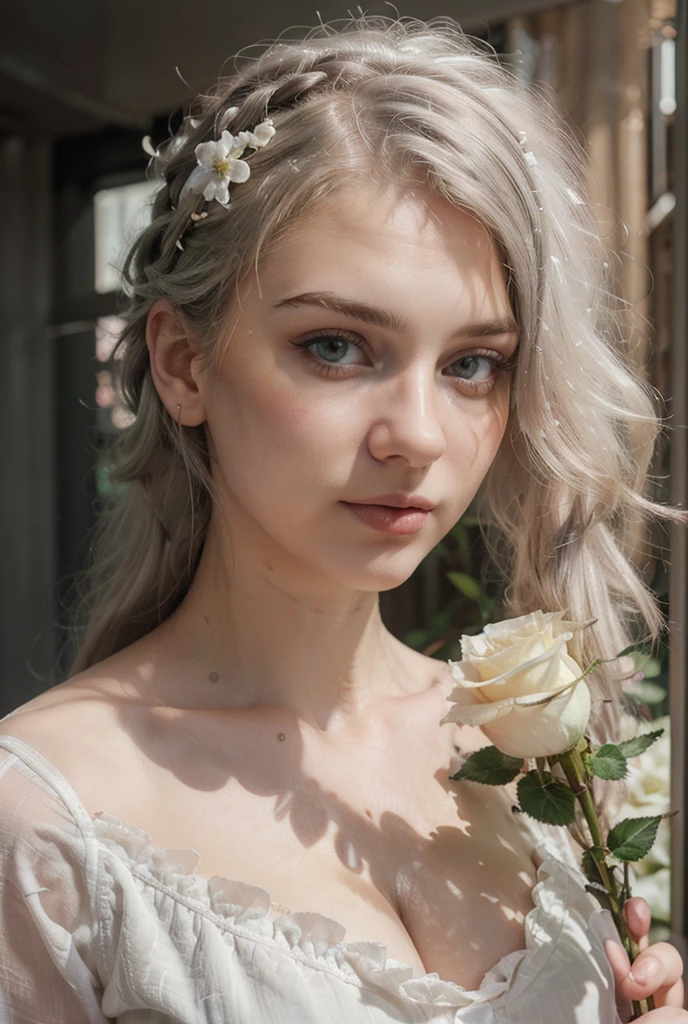 (((ultra realistic))) Photo, masterpiece, top quality, pale skin, (Ultra detailed face and eyes:1.2), 1 girl, full white hair, gloomy atmosphere, flowers garden background, (Eye makeup, mascara) , ((full white wavy hair)) , ((Stylish hairstyle)) , {Gigantic|Big|Huge|Mega} breasts, silly huge breasts, [[Slim waist, slender body]] . ((Posing)) , (body curves), In Lifchik, photoshoot, studio (Contour lighting), (The play of light and shadows), depth of field, bokeh, (special attention to skin detail: 1.2), Detailed transparent texture, skin pores, ((Dark and gloomy atmosphere frame. color scheme - black, Gray, Ashen, Tons)), (Film grain, VHS effect), (shine) , ((rays)) , ((portrait, close to the camera)) , ultra detailed, she held a white rose in her hand