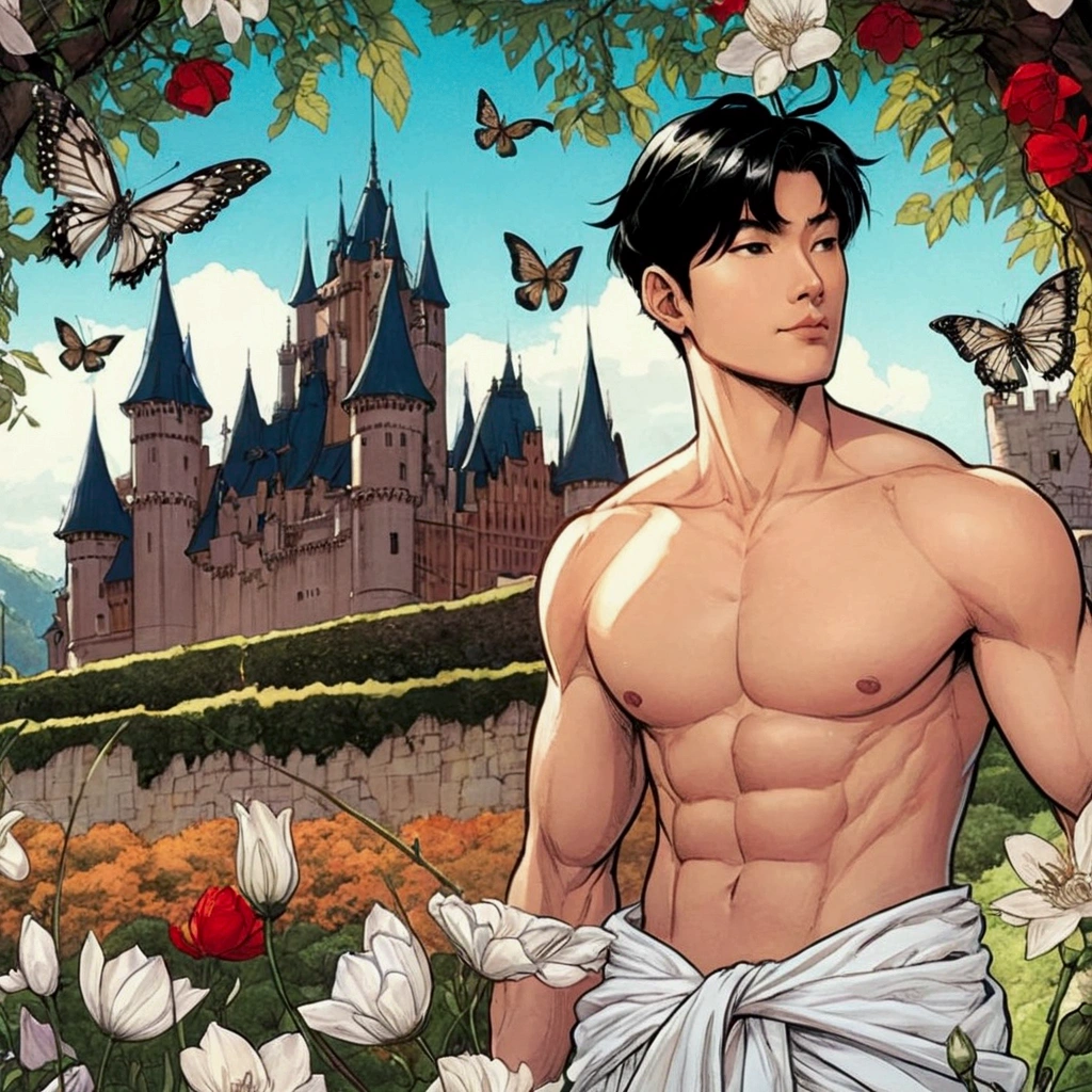 a close up of a man in a white towel standing in front of a castle, frank cho, cliff chiang, charlie bowater and mark brooks, rick dai, castle scene manga, ross tran and bayard wu, damian kryzwonos, beautiful androgynous prince, delicate androgynous prince, akehiko inoue and ross tran