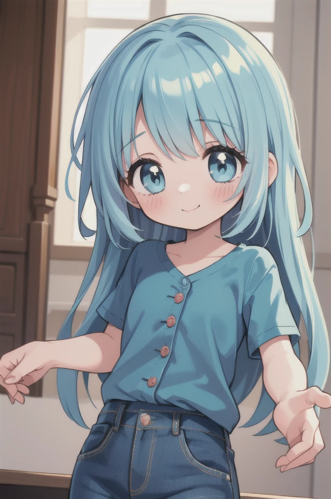 masterpiece, best quality, extremely detailed, (illustration, official art:1.1), 1 girl ,(((( light blue long hair)))), ,(((( light blue long hair)))),light blue hair, , long hair ((blush)) , cute face, big eyes, masterpiece, best quality,(((((a very delicate and beautiful girl))))),Amazing,beautiful detailed eyes,blunt bangs((((little delicate girl)))),tareme(true beautiful:1.2), sense of depth,dynamic angle,,,, affectionate smile, (true beautiful:1.2),,(tiny 1girl model:1.2),)(flat chest) ,(masterpiece, best quality), 1girl, Carnation High Fade with Quiff, small breasts, Copper V-neck top and Button-front denim skirt, thigh strap, Standing with one hand touching the chin, looking thoughtful ,(((Short sleeve shirts, short shirts))),In town