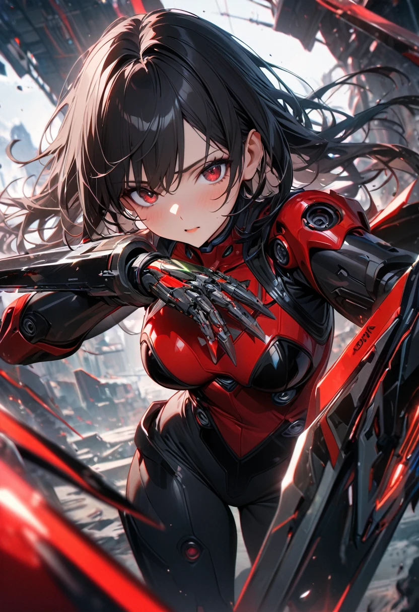 Adult girl, long black hair, red eyes, cyborg, very tight transparent batllesuit, cyber blades on hands, transparent elements, Masterpiece, best quality, Full HD, 8k, ultra details, great graphic