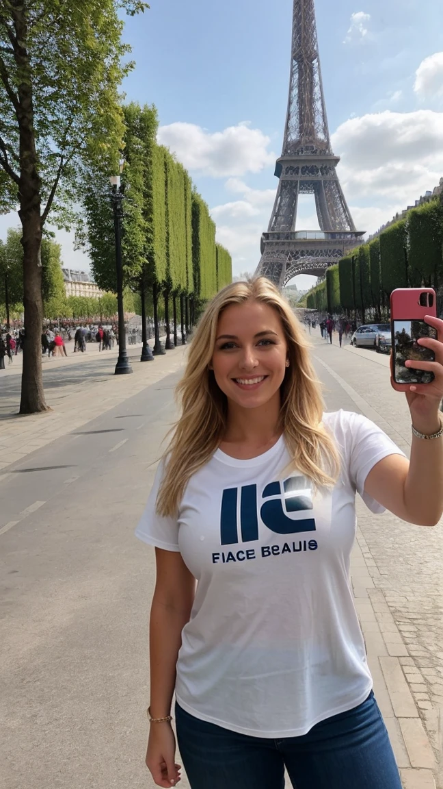 une femme blonde de 23 ans, ((gros seins)), ((Hyperréalisme)) ,. cheveux blonds avec des racines châtain clair. cheveux blonds, Cheveux aux racines brunes, cheveux très longs, cheveux très longs, cheveux très longs, cheveux en queue de cheval, beau, vue de face, selfie, prix photo avec iPhone, tee shirt blanc moulant, pantalon en jean skinny, selfie devant la tour Eiffel, haute qualité, selfie iPhone, clivage