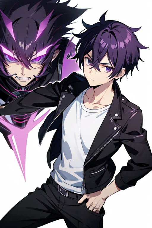 one man,black biker jacket,purple hair, short hair, spiky hair,black eye,full body shot,stubble,,look at viewer,standing,white shirt,hand on hip,from front,white background,Anime handsome guy, Gap Moe Yandere Grimdark, Handsome men from Demon Slayer, Young Anime Guy, Male Anime Characters, Hajime Yatate, Handsome man, trigger anime art style, Anime Moe Art Style, inspired by Okumura Masanobu