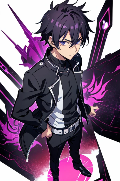 one man,black biker jacket,purple hair, short hair, spiky hair,black eye,full body shot,stubble,15 years old,look at viewer,standing,white shirt,hand on hip,from front,white background,Anime handsome guy, Gap Moe Yandere Grimdark, Handsome men from Demon Slayer, Young Anime Guy, Male Anime Characters, Hajime Yatate, Handsome man, trigger anime art style, Anime Moe Art Style, inspired by Okumura Masanobu