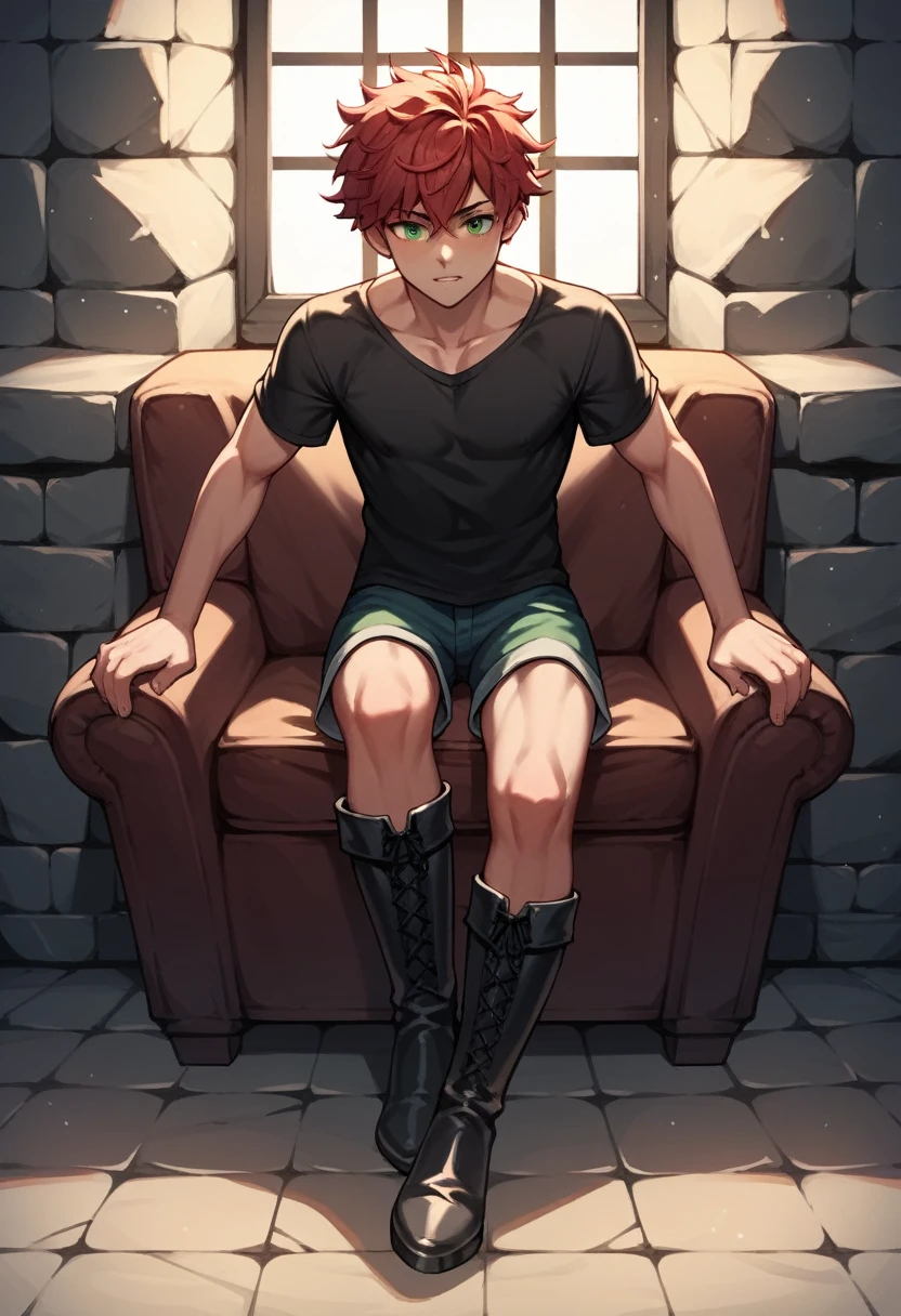 score_9, score_8_up, score_7_up, score_6_up, score_5_up, score_4_up, source_anime, 1guy, worth, red hair, short hair, green eyes, messy hair, black shirts, shorts, thigh high boots, heels, dungeon, best quality, best res, 4K UHD,