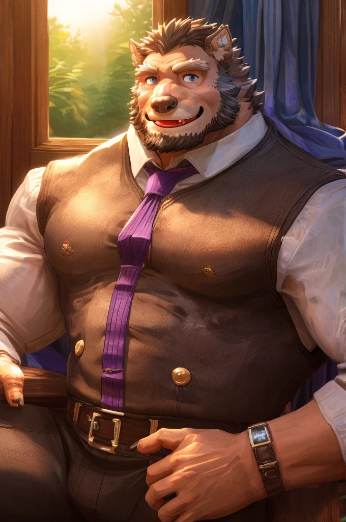 （morning）， 1 Gray Wolf Orc，  Looking out the window， summer， Sunlight，Smile，muscle，Blue pupils，Five fingers，Stick out your tongue， Bearded，middle aged，Set，quality，Rich colors，Extremely detailed，Full body close-up，Exquisite style