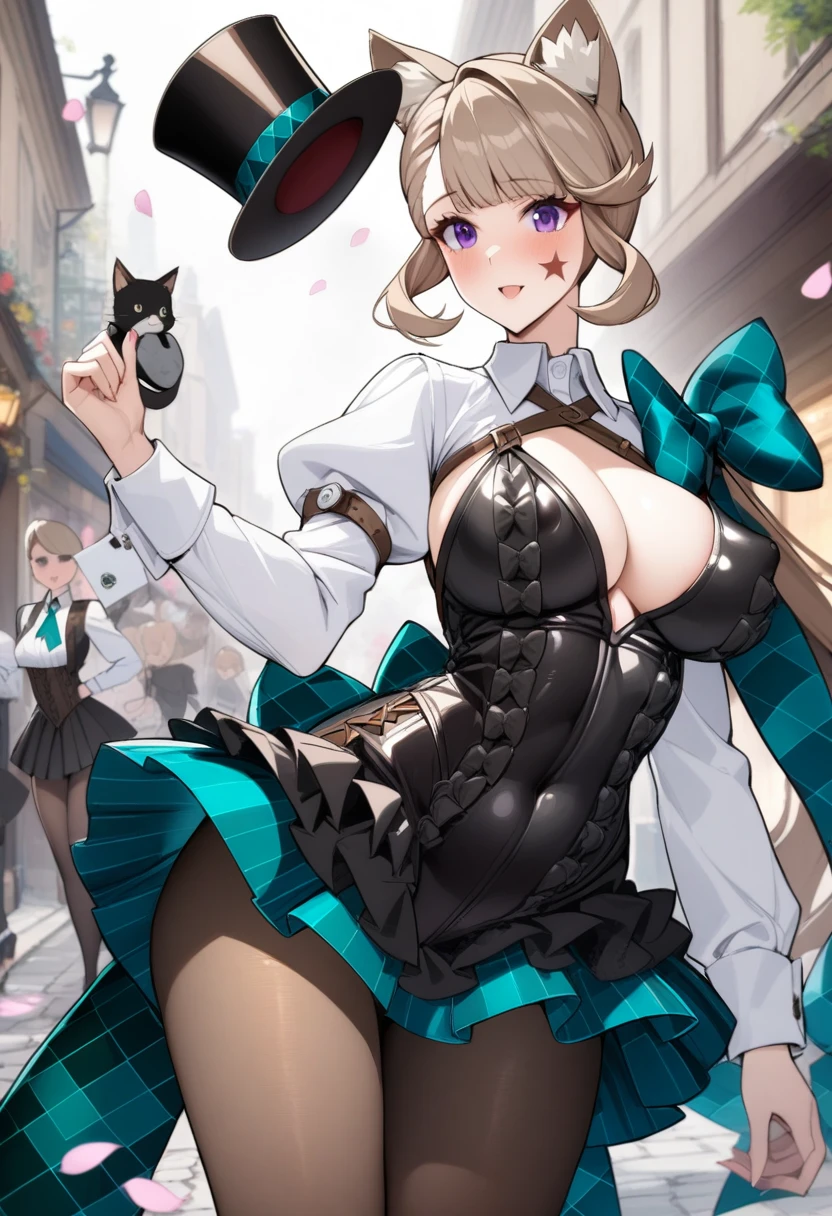 masterpiece, best quality, very aesthetic, absurdres, 1girl, mature_lady, ,,Lynette, animal ear fluff, Animal ears, Cat ears, facial mark, Hair Bow, Purple_eyes, Brown hair, Star, Star on cheek, bow, green bow, Leotard, Long sleeves, miniSkirt, pantyhose, top_hat,,in street,surrounding by flowers,falling_petals, petals,,covered_nipples, (areola_slip:0.8)