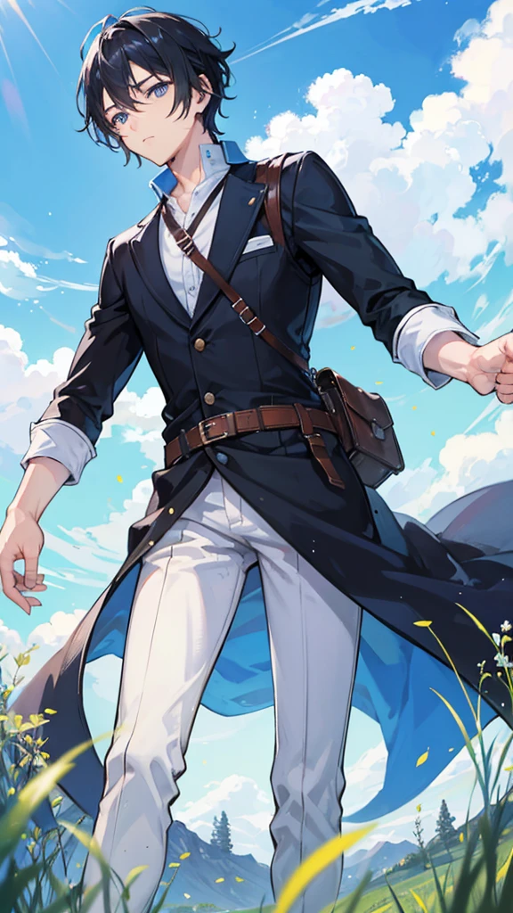 In a meadow of adventure. A handsome man with black hair and sky blue eyes. The 24 year old is starting his adventure under a clear sky