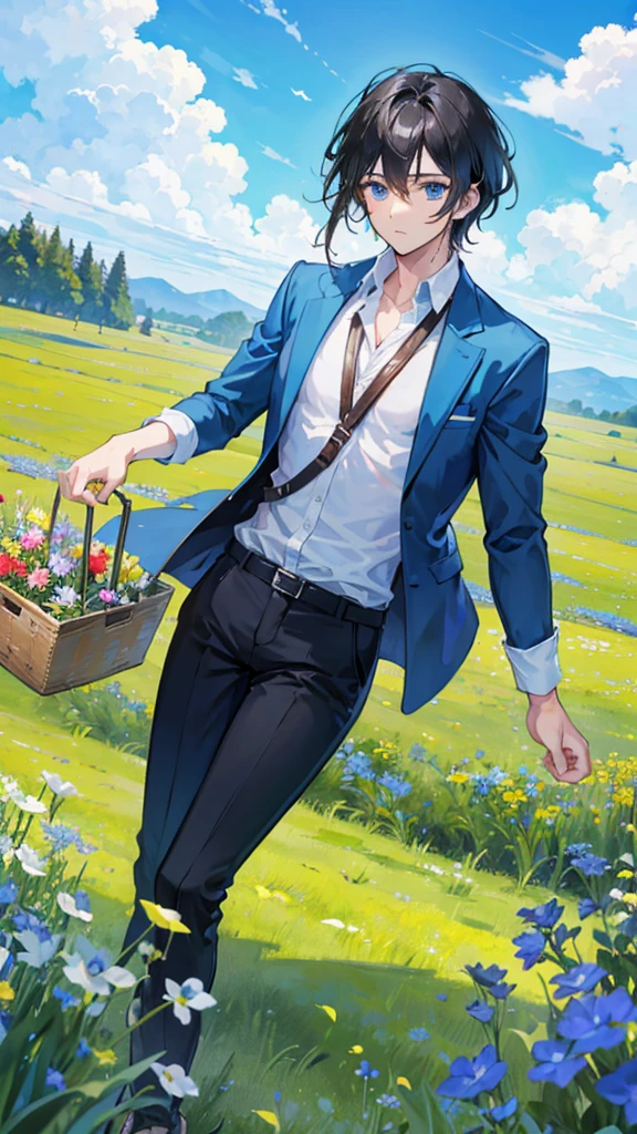 In a meadow of adventure. A handsome man with black hair and sky blue eyes. The 24 year old is starting his adventure under a clear sky