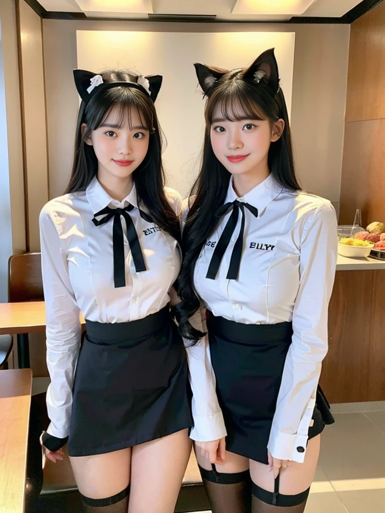 (Super cute Korean high school girl waitress duo look into the camera:1.2)(grin,Smile)(Beautiful Sweat:1.1)(16K, RAW Photos, Highest quality, masterpiece: 1.2),(Cat ears made with beautiful black hair) Super detailed, Super Resolution, (Genuine, Genuine photos: 1.37), Portraiture, High-resolution RAW color photos, Professional photos, Very detailed, 8k wallpaper, Very detailed CG Unity 8k wallpaper, Very detailed beautiful girls, Very detailed faces, ((whole body)), beautiful woman, Huge breasts,(huge boobs:1.1) (Big Boobs:1.1), Beauty college student (Naked Apron:1.1),high school girl, Korean Girls,(K-POP Female Idols), (Idol-class beauty)(Beautiful high school girl:1.1)(Nice restaurant)(18-year-old)(Waitress costumes:1.1)(Group photo:1.1)(:1.0)(NSFW:1.2)