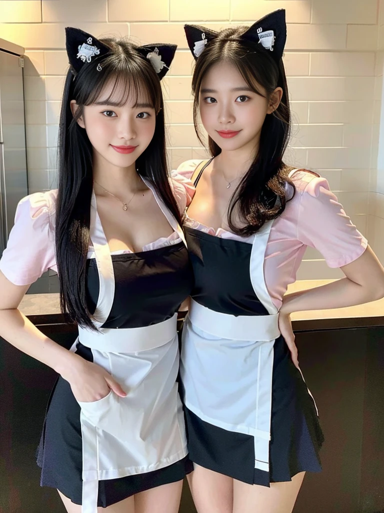 (Super cute Korean high school girl waitress duo look into the camera:1.2)(grin,Smile)(Beautiful Sweat:1.1)(16K, RAW Photos, Highest quality, masterpiece: 1.2),(Cat ears made with beautiful black hair) Super detailed, Super Resolution, (Genuine, Genuine photos: 1.37), Portraiture, High-resolution RAW color photos, Professional photos, Very detailed, 8k wallpaper, Very detailed CG Unity 8k wallpaper, Very detailed beautiful girls, Very detailed faces, ((whole body)), beautiful woman, Huge breasts,(huge boobs:1.1) (Big Boobs:1.1), Beauty college student (Naked Apron:1.1),high school girl, Korean Girls,(K-POP Female Idols), (Idol-class beauty)(Beautiful high school girl:1.1)(Nice restaurant)(18-year-old)(Waitress costumes:1.1)(Group photo:1.1)(:1.0)(NSFW:1.2)