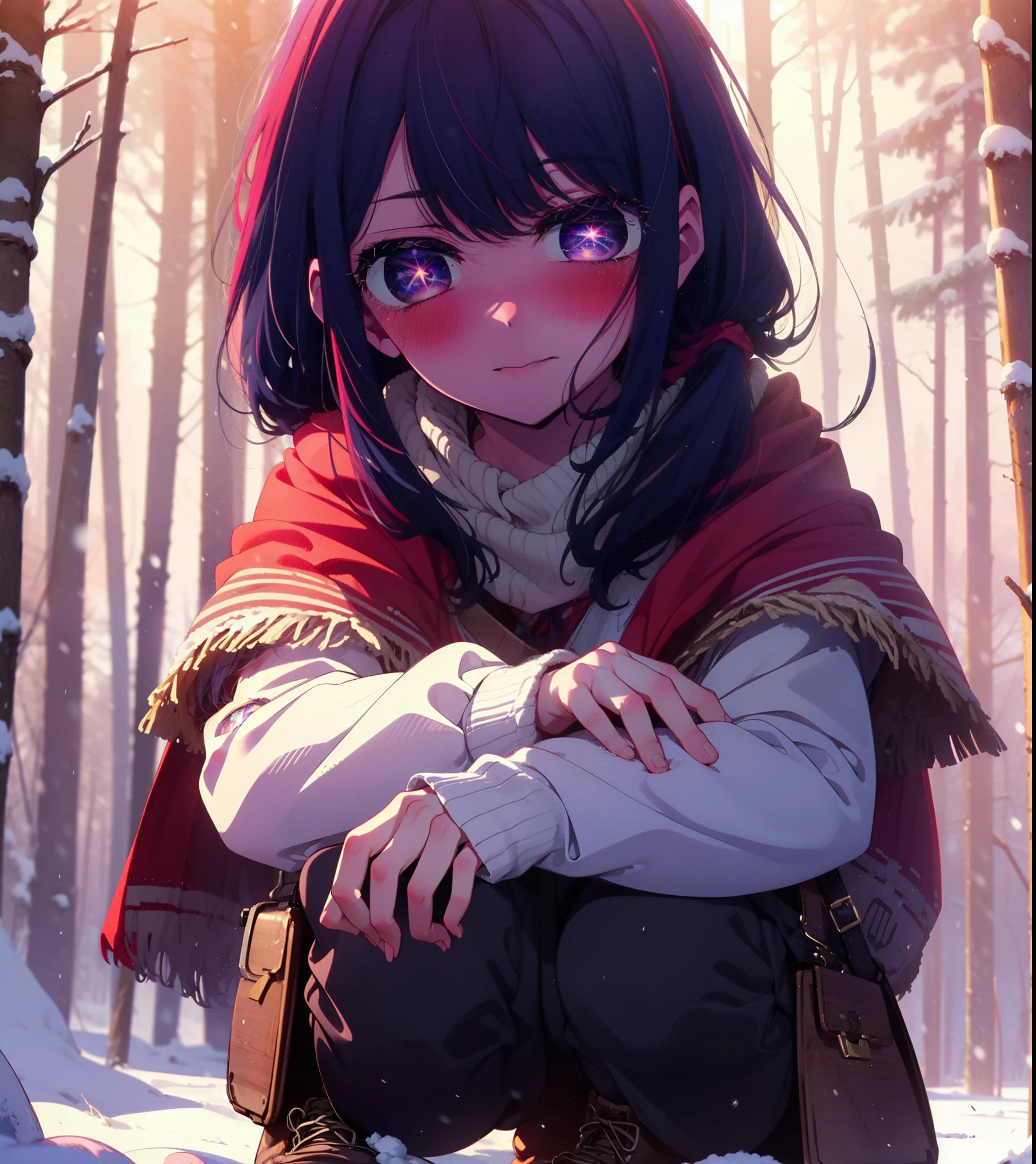 aihoshino, Ai Hoshino, Long Hair, bangs, (Purple eyes:1.1), Purple Hair, (Symbol-shaped pupil:1.5), smile,,smile,blush,white breath,
Open your mouth,snow,Ground bonfire, Outdoor, boots, snowing, From the side, wood, suitcase, Cape, Blurred, , forest, White handbag, nature,  Squat, Mouth closed, Cape, winter, Written boundary depth, Black shoes, red Cape break looking at viewer, Upper Body, whole body, break Outdoor, forest, nature, break (masterpiece:1.2), Highest quality, High resolution, unity 8k wallpaper, (shape:0.8), (Beautiful and beautiful eyes:1.6), Highly detailed face, Perfect lighting, Extremely detailed CG, (Perfect hands, Perfect Anatomy),