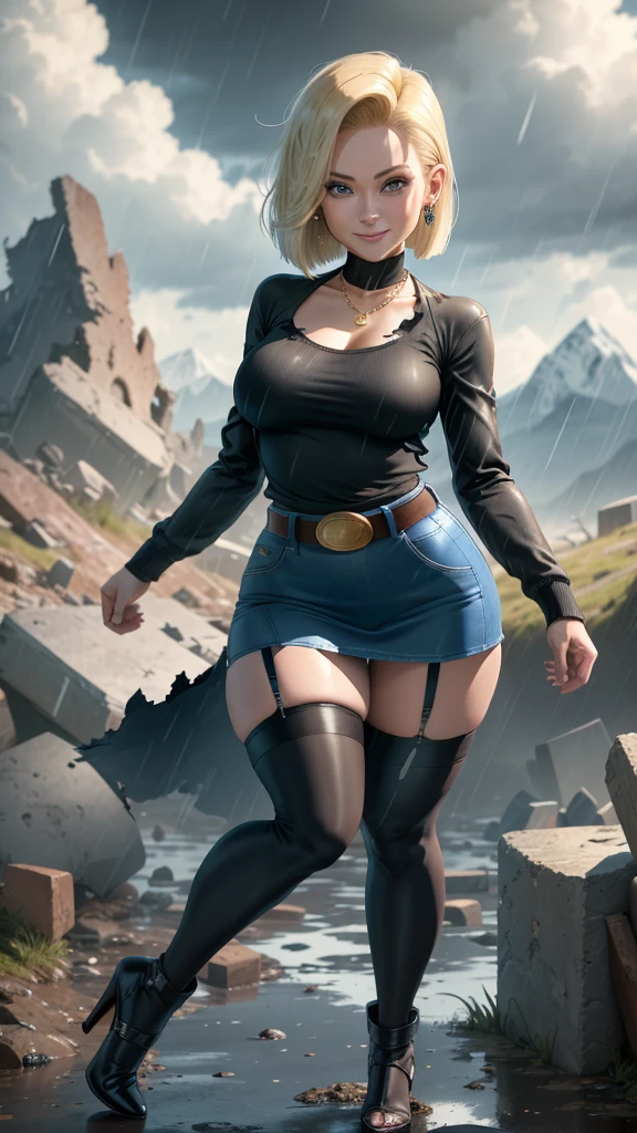 best quality, highres, and18, 1girl, android 18, solo girl, 1girl, blonde hair, blue eyes, belt, high heels, black long bodycon skirt, gold necklace, white blouse, short hair, blue sweater, earrings, medium breasts, cowboy shot, mountains, straight-on, (weather: raining and windy), wet body, sexy smile, combat stance, thigh high stockings, garter belt, battle ruins, wide hips, thick legs, torn clothes, closed fists, hair pin,