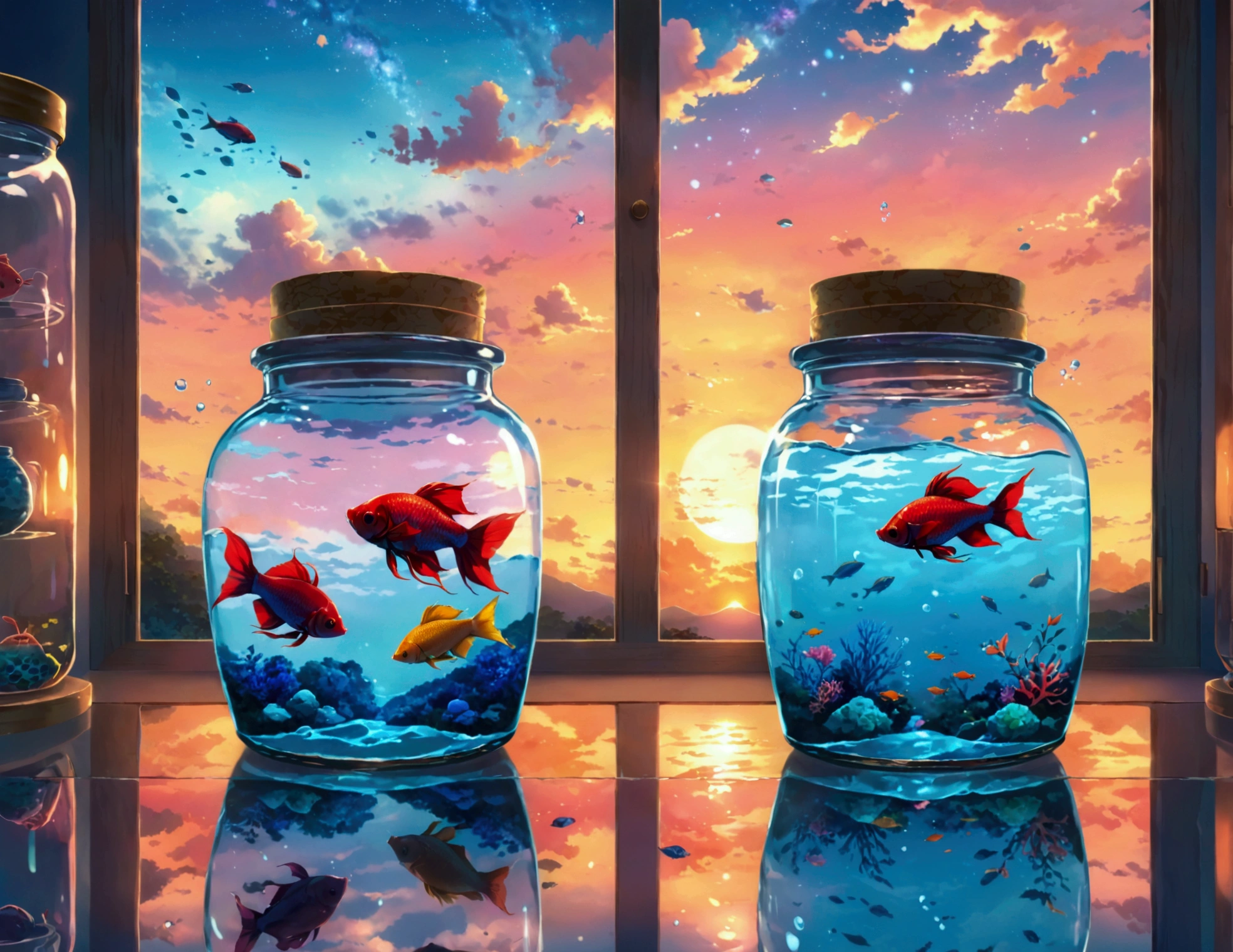 three glass jars, each containing a unique underwater scene - one with two striped fish and clouds, one with a colorful betta fish and a sunset, and one with small fish and a galaxy. Emotion: serene and dreamy. Lighting: soft pastel tones. Scene: jars on a reflective surface with a twilight sky in the background. Style: anime-inspired, with vivid colors and smooth gradients ,anime screencap in mnst artstyle