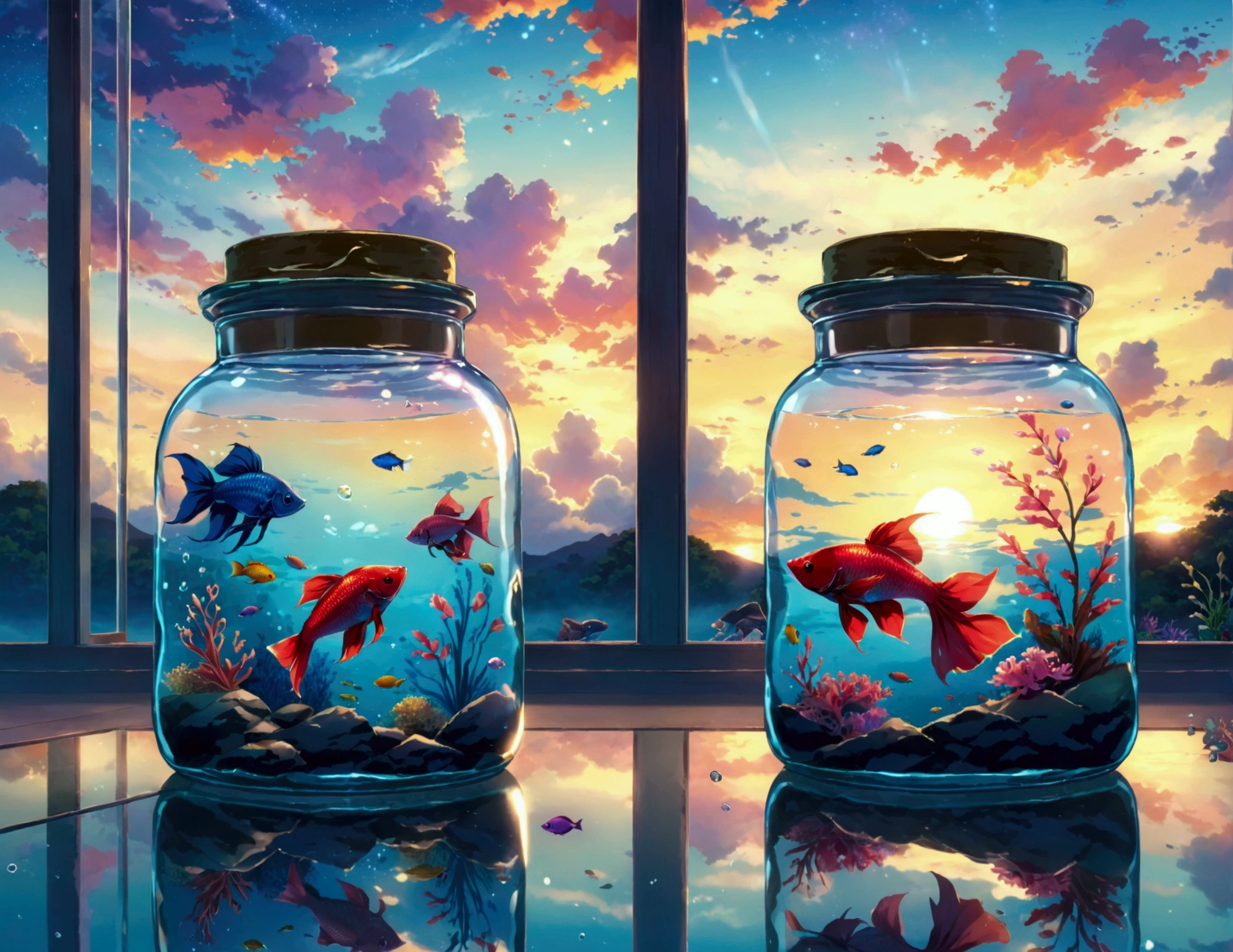  three glass jars, each containing a unique underwater scene - one with two striped fish and clouds, one with a colorful betta fish and a sunset, and one with small fish and a galaxy. Emotion: serene and dreamy. Lighting: soft pastel tones. Scene: jars on a reflective surface with a twilight sky in the background. Style: anime-inspired, with vivid colors and smooth gradients ，anime screencap in mnst artstyle
