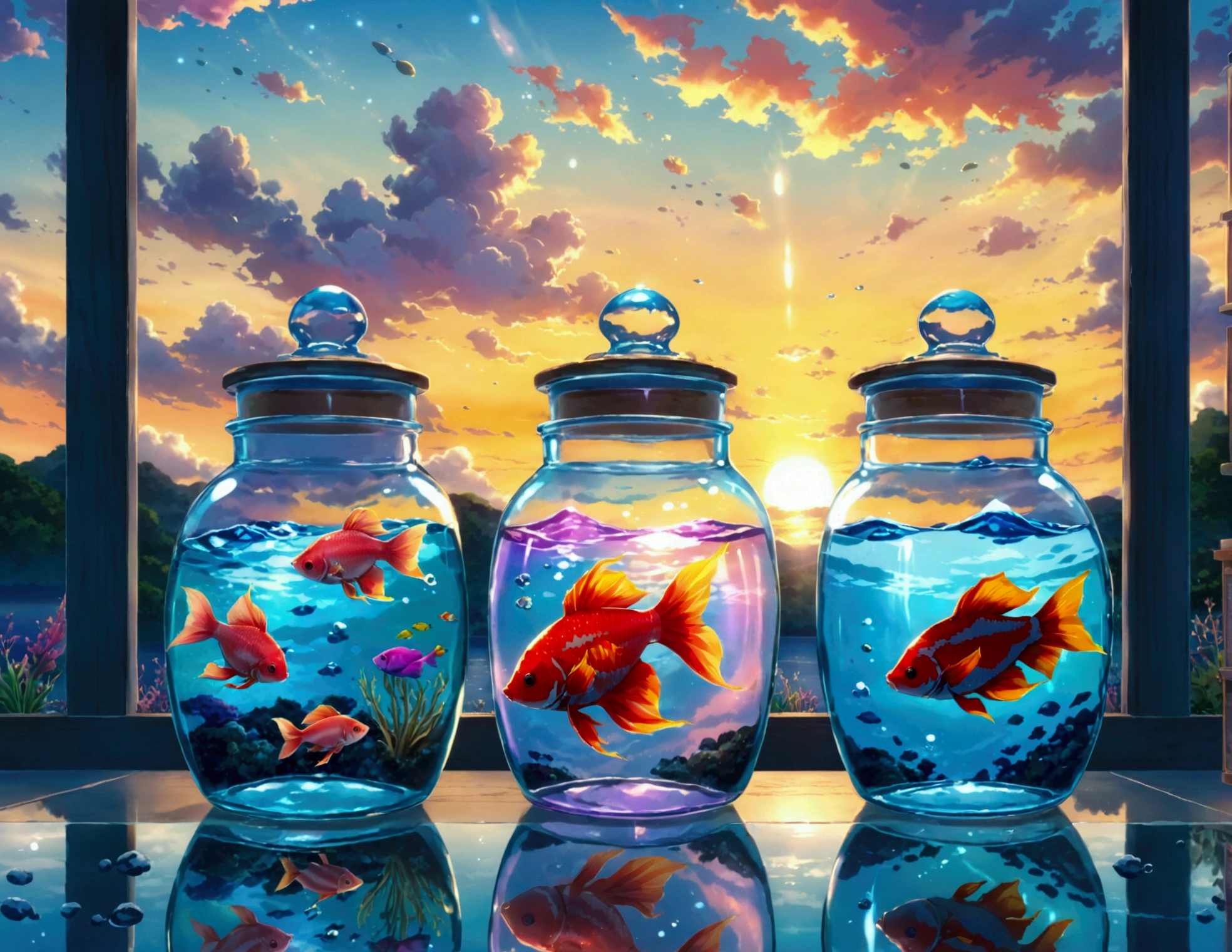  three glass jars, each containing a unique underwater scene - one with two striped fish and clouds, one with a colorful betta fish and a sunset, and one with small fish and a galaxy. Emotion: serene and dreamy. Lighting: soft pastel tones. Scene: jars on a reflective surface with a twilight sky in the background. Style: anime-inspired, with vivid colors and smooth gradients ，anime screencap in mnst artstyle
