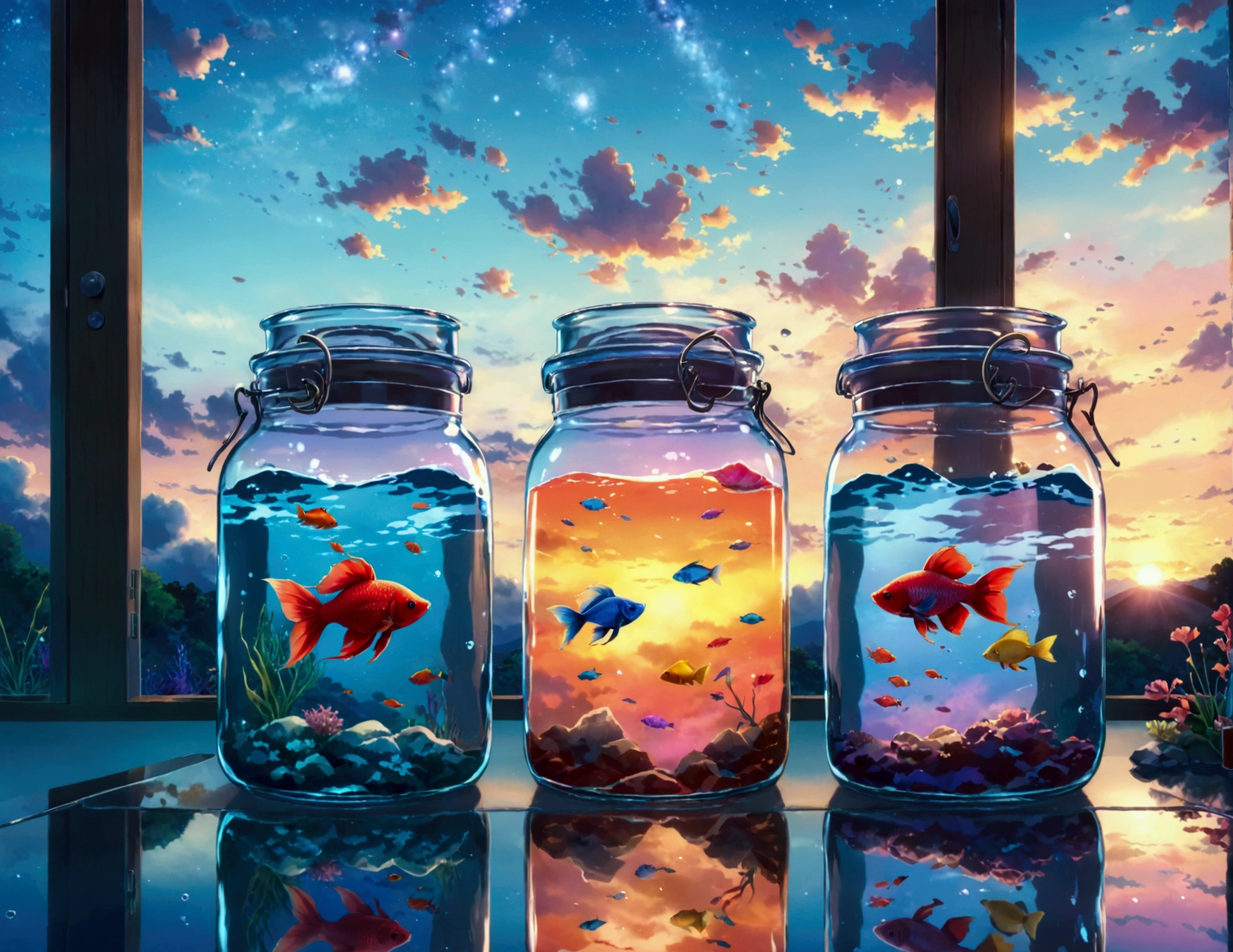 three glass jars, each containing a unique underwater scene - one with two striped fish and clouds, one with a colorful betta fish and a sunset, and one with small fish and a galaxy. Emotion: serene and dreamy. Lighting: soft pastel tones. Scene: jars on a reflective surface with a twilight sky in the background. Style: anime-inspired, with vivid colors and smooth gradients ，anime screencap in mnst artstyle
