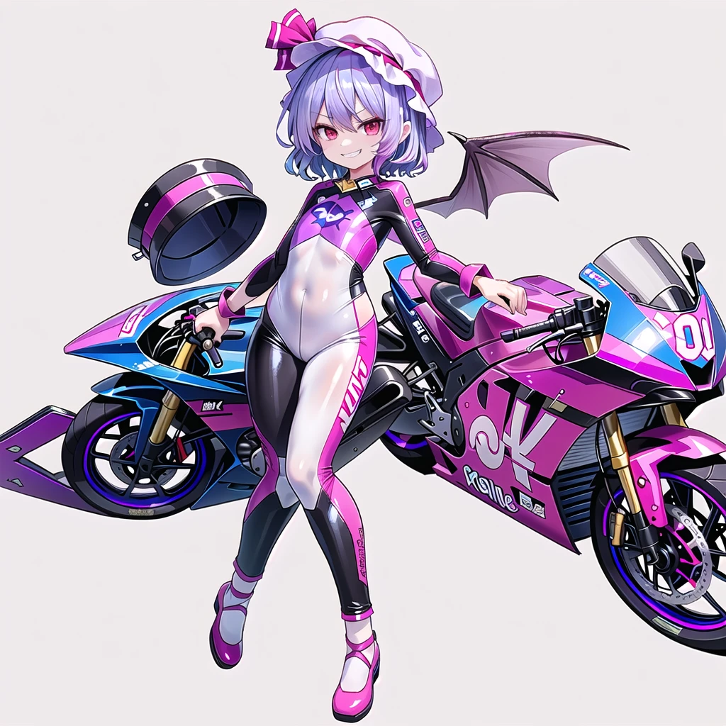 (((remilia scarlet))),(touhou),((red eyes)),(((short hair,purple hair,light purple hair,blue hair))),(((white headwear,pink headwear, mob cap))),(((motorcycle racing wear))),(((grin))),(((full body))),(((simple white background))),(((from front)))
