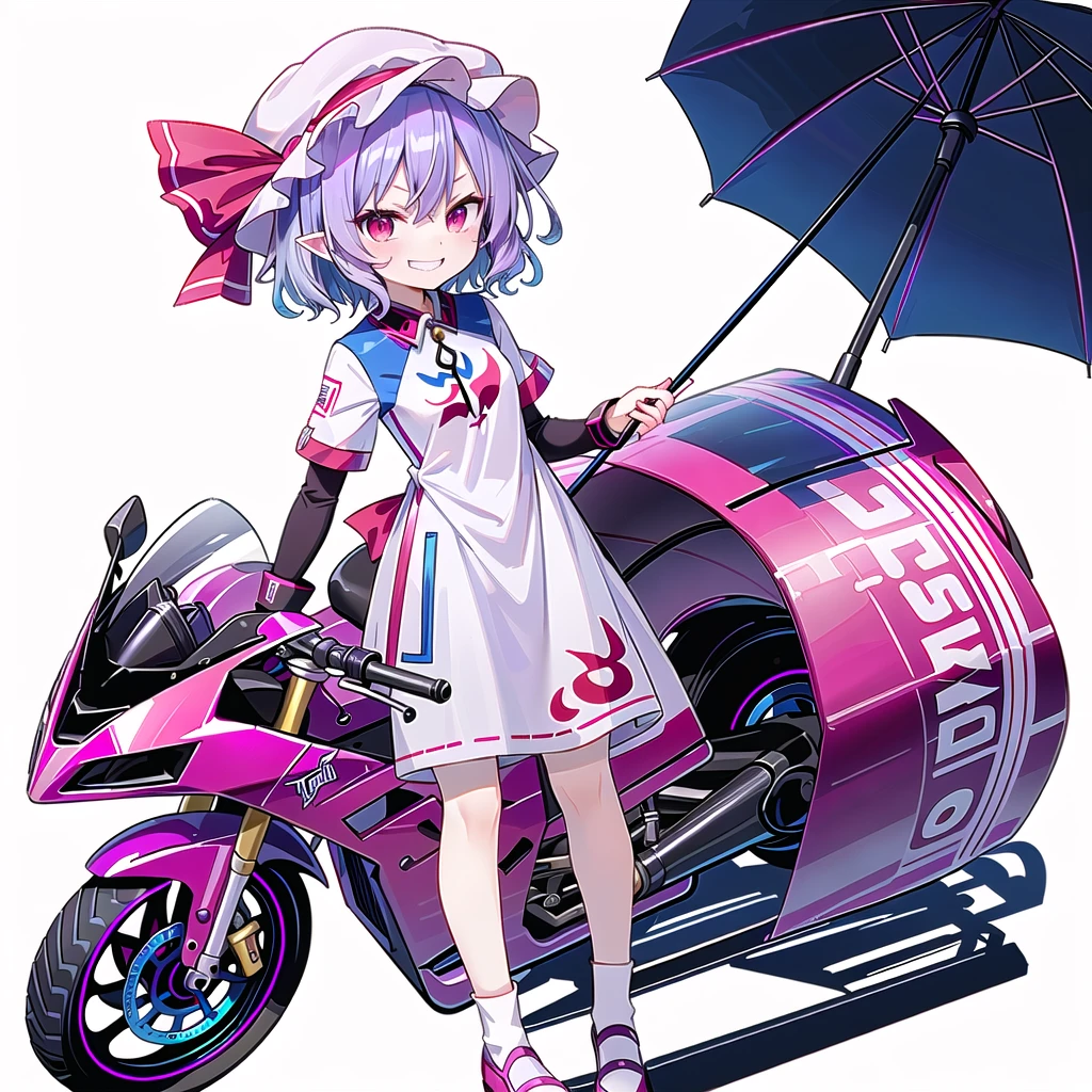 (((remilia scarlet))),(touhou),((red eyes)),(((short hair,purple hair,light purple hair,blue hair))),(((white headwear,pink headwear, mob cap))),(((motorcycle racing wear))),(((grin))),(((full body))),(((simple white background))),(((from front)))