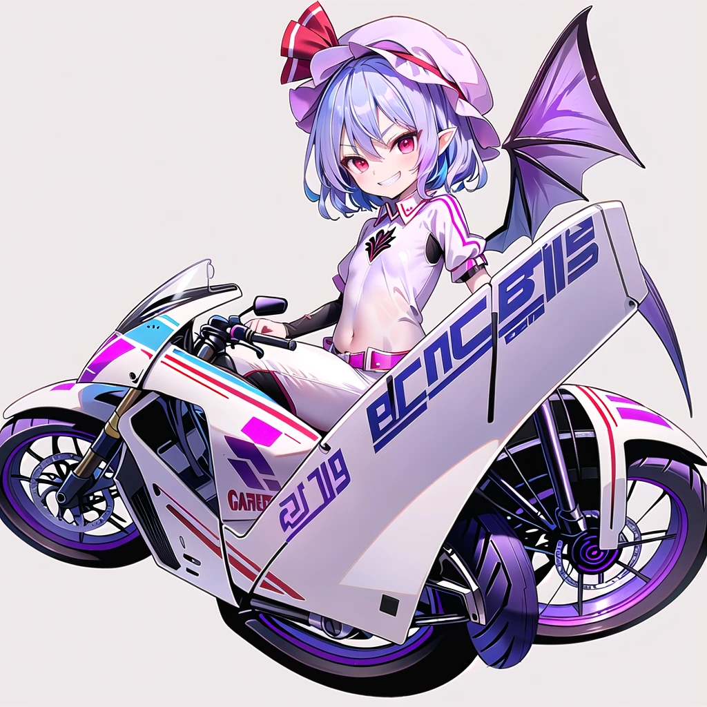 (((remilia scarlet))),(touhou),((red eyes)),(((short hair,purple hair,light purple hair,blue hair))),(((white headwear,pink headwear, mob cap))),(((motorcycle racing wear))),(((grin))),(((full body))),(((simple white background))),(((from front)))