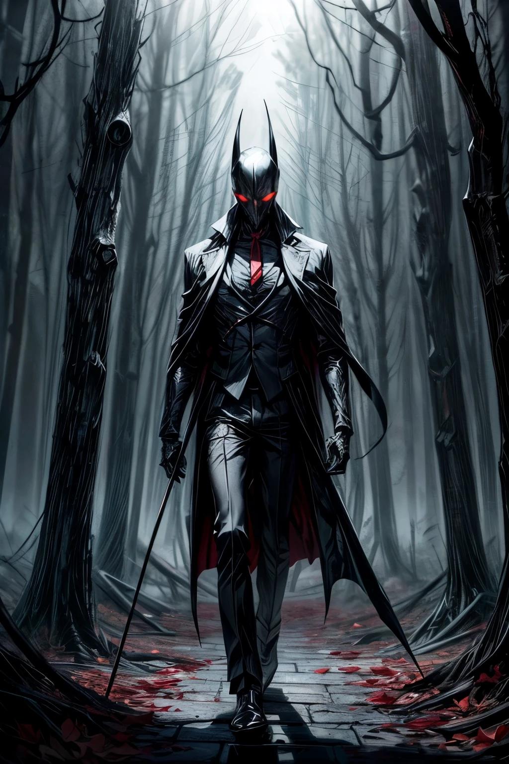 Imagine a dark and mysterious scene where a skeletal archer stands out. He is draped in an elegant black suit with slender red details, fitted perfectly to his skeleton, giving him an intriguing and formal appearance. His fleshless skull is clearly visible, imparting an air of mystery to his figure.

Its empty eyes shine with an otherworldly light, conveying a sense of power and mystery.

In the background, a dark scene unfolds, with twisted trees and dry leaves scattered across the ground. The faint moonlight shines through the clouds, faintly illuminating the skeletal figure and further highlighting his menacing presence.

This image depicts an enigmatic and skilled skeleton, dressed in an elegant suit. His sinister figure and shadowy presence convey a sense of imminent danger, while his hollow eyes reveal a deep emptiness. Please create a work of art that captures the essence of this description, using your imagination to enhance the scene.