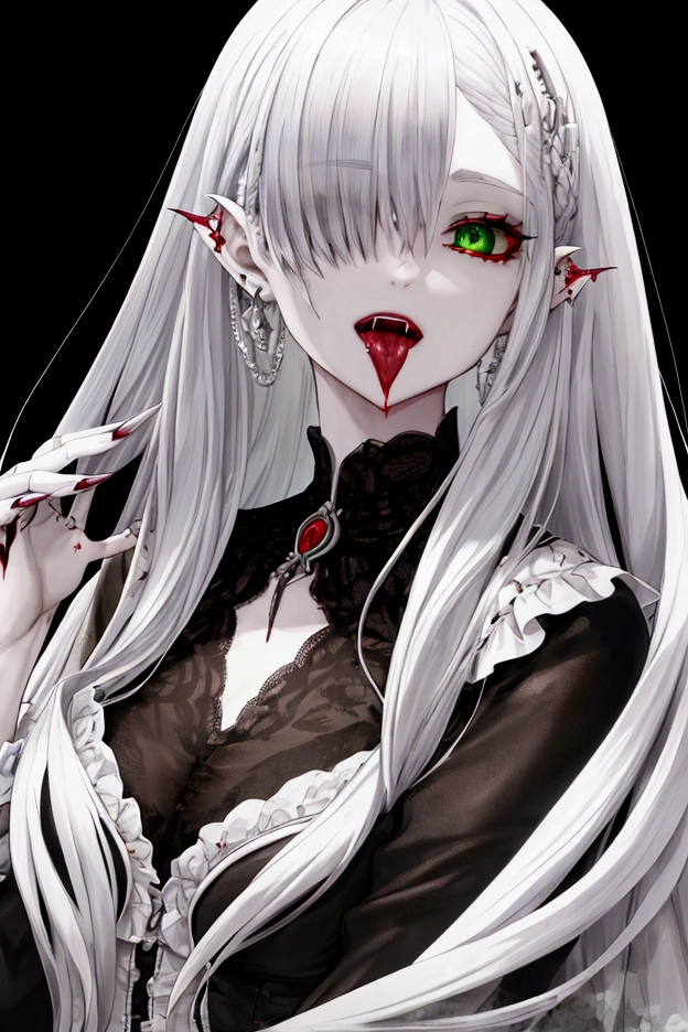 vampire,Silver Hair,girl,Green Eyes,Blood dripping onto the tongue,1 person,Front view