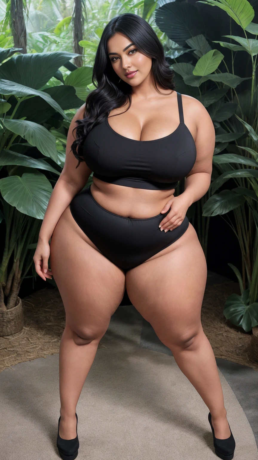 Radhika marchent Indian beautiful actress curvy plus size hour glass bulky huge figure woman, closeup camera view, big huge m-cup breast, wearing SHEIN VCAY Plus Size Women's Gradient Color Camisole Tank Top, covered Bust , elegant standing position, eye contact view, different style hairstyle, bright eyes, thin eyebrows, fair skin, blushing cheeks, prefect head to toe view, full body, ideal for high-fashion or editorial shoots, ultra realistic skin texture, head to toe view, full body shot, full body view, smile face, black hair, Indian face, perfect skin tone light, ultra realistic skin texture, bigger waist, busty, big hips, fleshy thighs, thick thighs, busty, full body view, Tropical Rainforest: Lush greenery with tall trees and exotic plants.