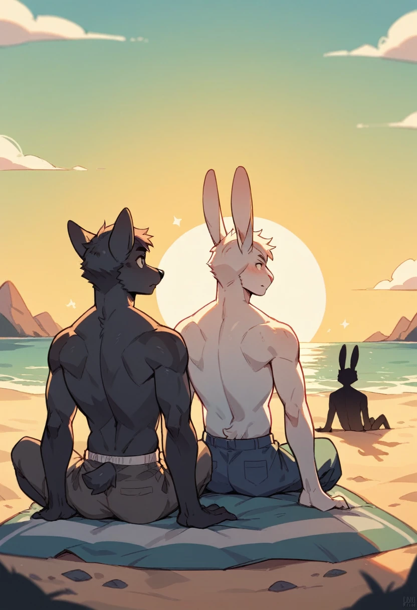 Create the silhouette of two anthropomorphic animals, a man rabbit and a man wolf, back sitting on the beach sand watching the sunset
