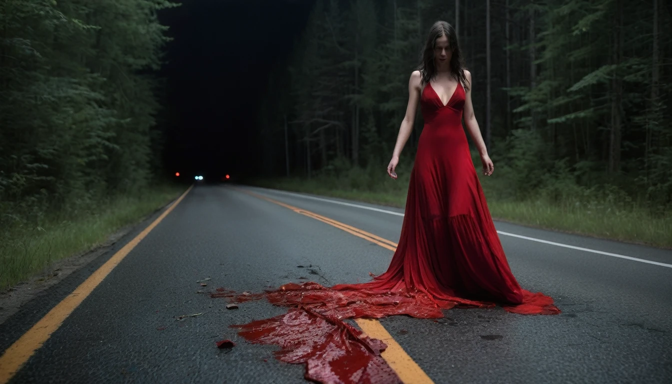 A red dress thrown on the ground on a highway at night surrounded by a tense and gloomy forest