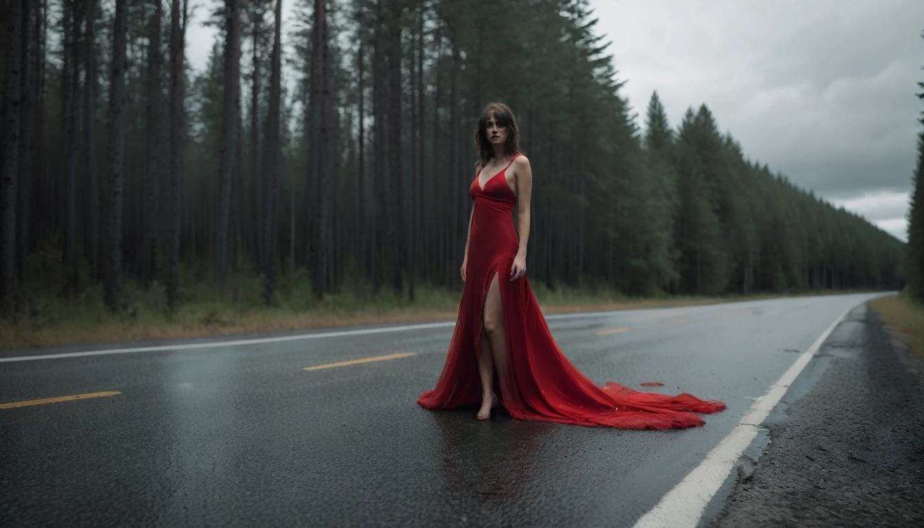 A disembodied red dress on the ground of a highway at night surrounded by a tense and shadowy forest