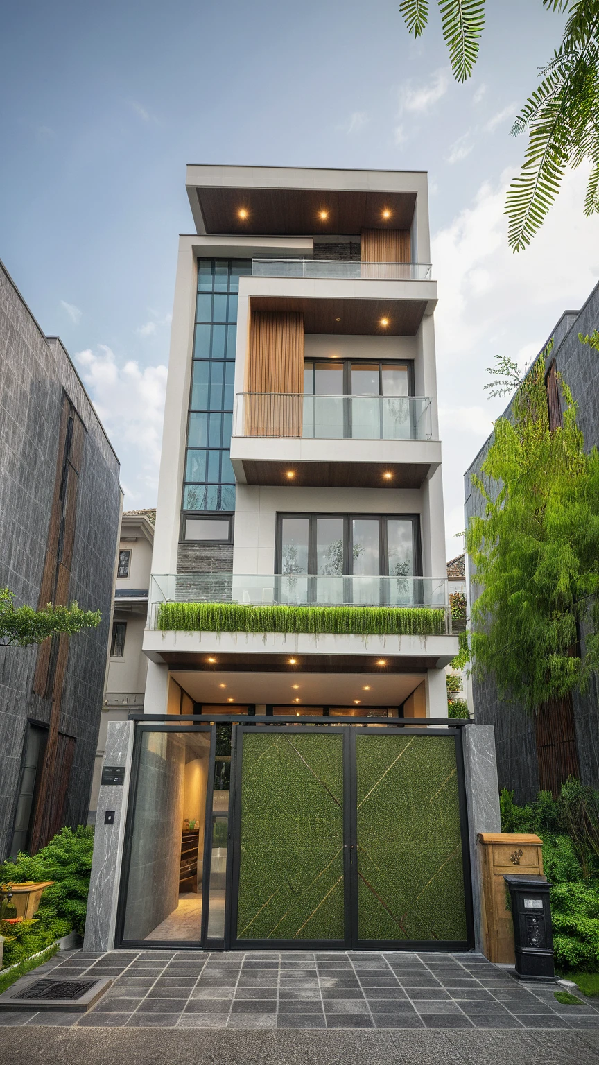 modern villa on street, (daylight), tropical tree, green shrub and plants, vivid color, streetcapes, minimalist design, brigth grey tone, (large glass door:1.2), warm interior lighting, modern material, best quality, ultra realistic, masterpiece,