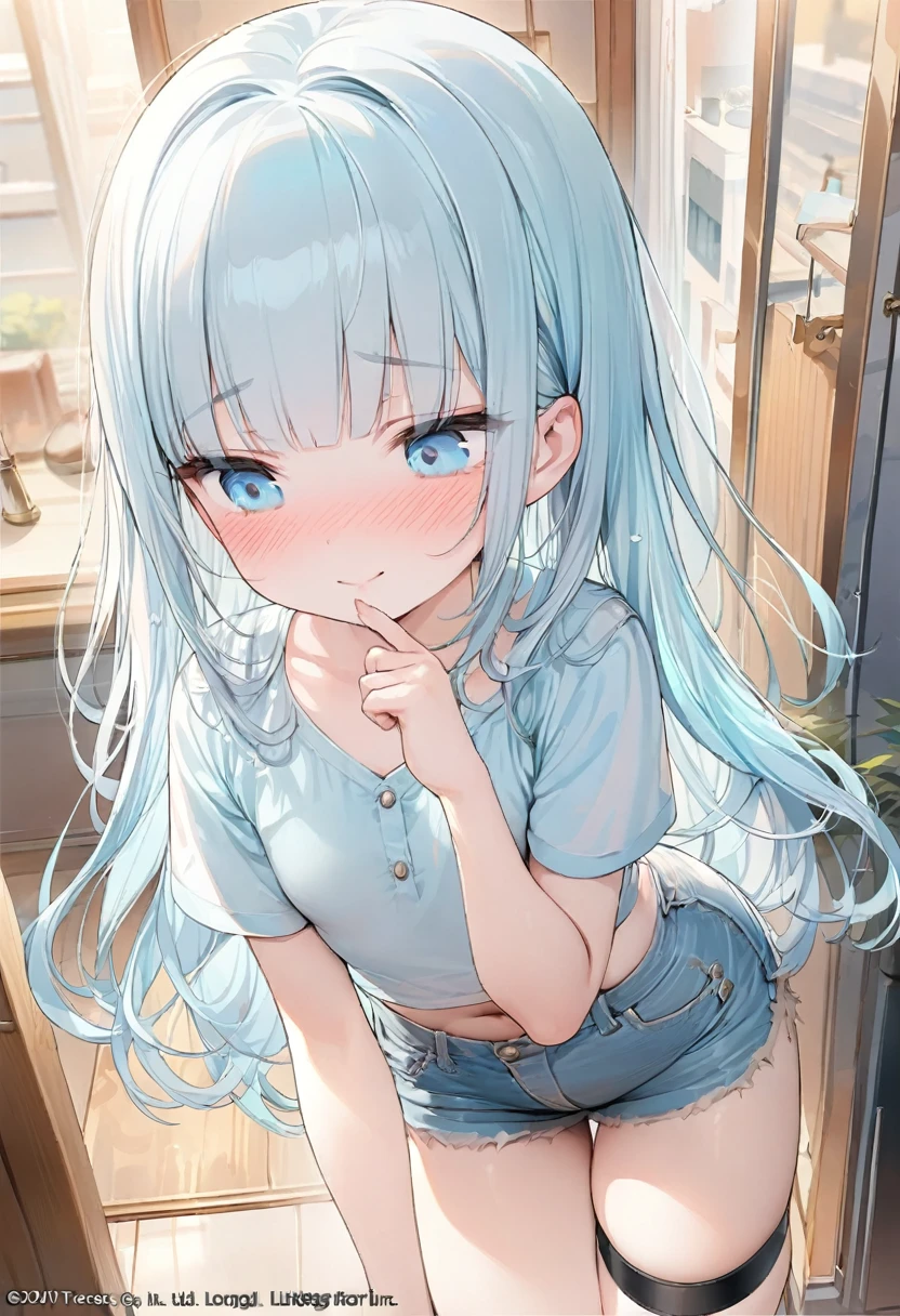 masterpiece, best quality, extremely detailed, (illustration, official art:1.1), 1 girl ,(((( light blue long hair)))), ,(((( light blue long hair)))),light blue hair, , long hair ((blush)) , cute face, big eyes, masterpiece, best quality,(((((a very delicate and beautiful girl))))),Amazing,beautiful detailed eyes,blunt bangs((((little delicate girl)))),tareme(true beautiful:1.2), sense of depth,dynamic angle,,,, affectionate smile, (true beautiful:1.2),,(tiny 1girl model:1.2),)(flat chest) ,(masterpiece, best quality), 1girl, Carnation High Fade with Quiff, small breasts, Copper V-neck top and Button-front denim skirt, thigh strap, Standing with one hand touching the chin, looking thoughtful ,(((Short sleeve shirts, short shirts))),In town