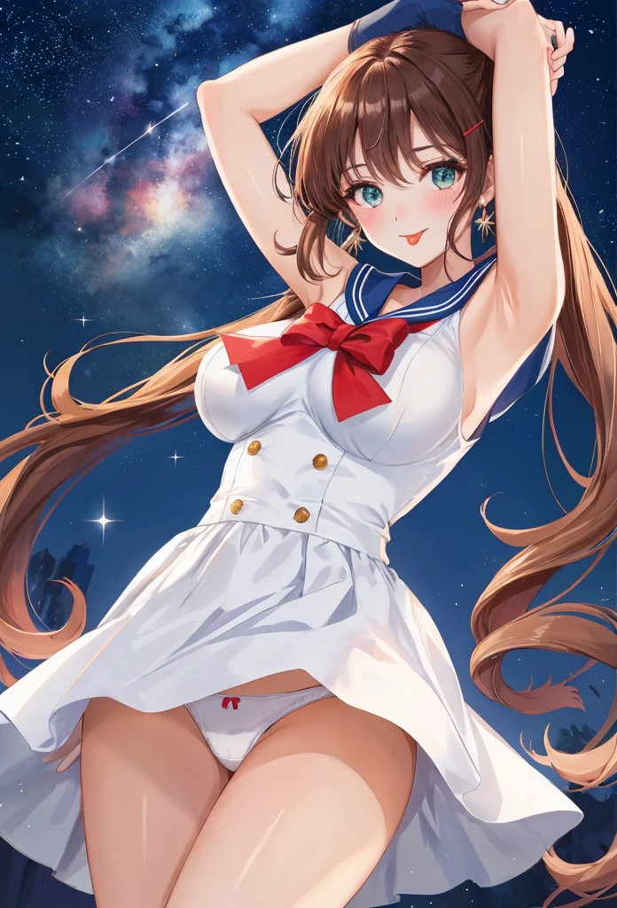 A close-up of a beautiful girl in a Sailor Moon costume, anime girl, posing for the photo, outdoors, night, starry sky, waning crescent moon background, big rounds breasts, arms raised, hands behind her head, looking down, full sexy body, (detailed legs, arms and hands, slim waist), sensual posture, miniskirt, long gloves, white stockings, beautiful eyes, ultimate physical beauty, top quality, skirt lift, upskirt, (white panties:1.4), completely exposed panties, brown hair, bangs, long hair, twintails, expressive hair, shiny hair, wavy hair, hairclip, aqua eyes, glowing eyes, pupils sparkling, crescent earrings, blush, tongue out, bright pupils, seductive smile, naughty face, red lips, high detail, anime, anime style, chiaroscuro, dithering, border, pov, from below, three quarter view, perspective, panorama, lens flare, Wide-Angle, f/1.8, 85mm, Sony FE, 8k, super detail, UHD, masterpiece, accurate, anatomically correct, textured skin, highres, best quality, 16k